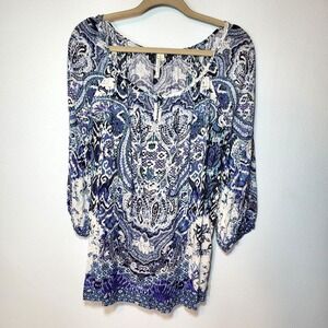 Grand & Greene Blue White Rayon Blouse Keyhole Chest 3/4 Sleeve Scoop Neck LRG